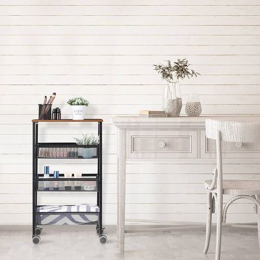 NEW SALE | 4-Tier Storage Trolley Cart, Kitchen Storage Wagon, Rolling Kitchen Shelving Unit on Wheels Mobile Slit Cart with Wooden Tabletop