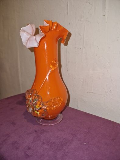 1960's Orange ruffled blown glass vase