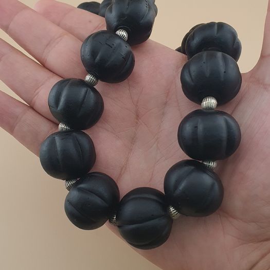 Antique African Style Dark Black Melon Shape Glass Beads Necklace