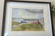 Signed Original Watercolour Painting, Coastal Harbour Scene, Mary Teresa Kelly, 2005