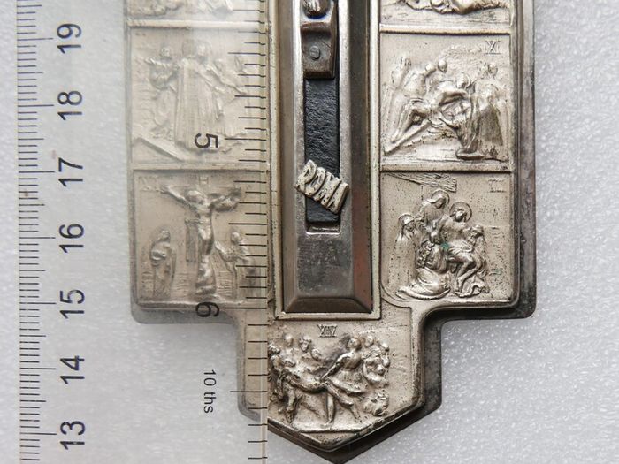 Vintage Wall Crucifix Featuring Embossed Plaques Depicting the 14 Stations of the Cross