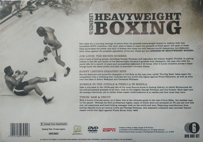 Legends of Heavyweight Boxing Over 10 hours of knockout action from the King's of the Heavyweight Division. 6DVD Box Set. Unopened. Perfect condition. Collectors Item