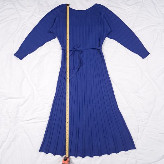 Monsoon Royal Blue Ribbed Knit Long Sleeve Tie Waist Fit & Flare Midi Dress Size S