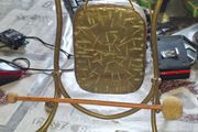 Antique Brass Tabletop Dinner Gong with Stand &amp; Mallet Beautiful Etched Patina Postage Available or Collection,