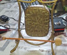 Antique Brass Tabletop Dinner Gong with Stand & Mallet Beautiful Etched Patina Postage Available or Collection,