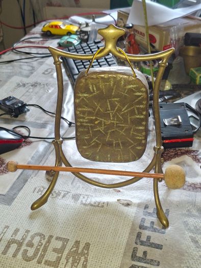 Antique Brass Tabletop Dinner Gong with Stand & Mallet Beautiful Etched Patina Postage Available or Collection,