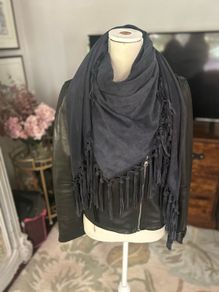 100% Suede Fringed Scarf in Petrol Blue