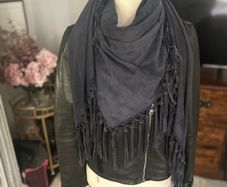 100% Suede Fringed Scarf in Petrol Blue