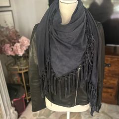100% Suede Fringed Scarf in Petrol Blue