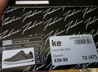 Fabric Ollie Skate Shoes - UK 12 / EU 47 - Charcoal - Brand New in Box