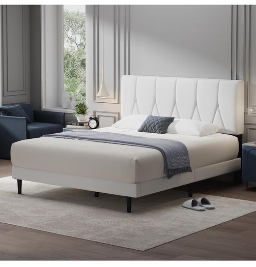 Small Double Bed Frame, White, Upholstered Wooden Slat Bed Frame with Headboard
