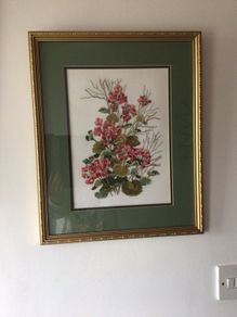 Beautiful Floral Cross Stitch in Gilt Frame Cottage Core