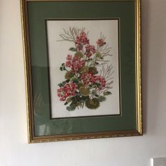 Beautiful Floral Cross Stitch in Gilt Frame Cottage Core