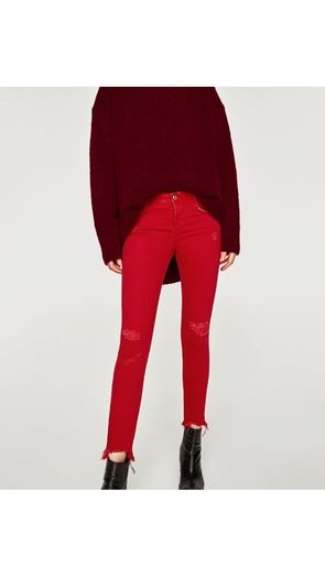 Zara destroyed ripped raw hem red skinny jeans size 6 BNWT