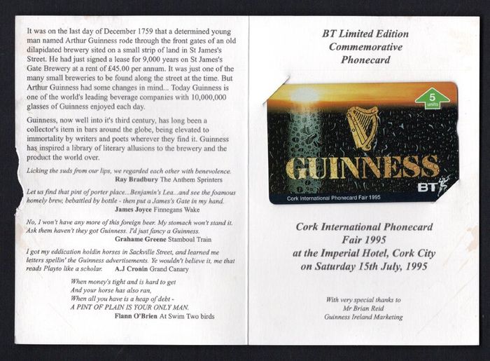 1995 Ireland Cork International Phonecard Fair 1995 at the Imperial Hotel Cork City with 5 unit Gunnies phone card (callcard).