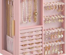 Jewellery Box Organiser 360 Rotating, Vertical Jewellery Display Case with 5 Drawers, Glass Window, Spacious, Open Design, Great Gift, Jelly Pink