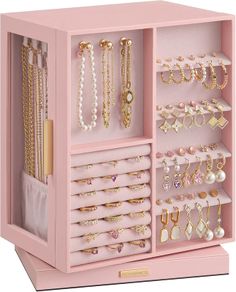 Jewellery Box Organiser 360 Rotating, Vertical Jewellery Display Case with 5 Drawers, Glass Window, Spacious, Open Design, Great Gift, Jelly Pink