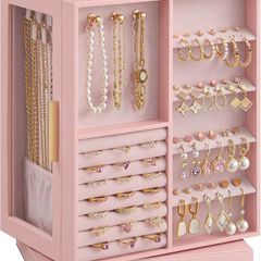 Jewellery Box Organiser 360 Rotating, Vertical Jewellery Display Case with 5 Drawers, Glass Window, Spacious, Open Design, Great Gift, Jelly Pink