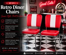 Set of 2 Retro American Diner Dining Chairs Red, Vintage Faux Leather Kitchen Chairs  Chrome Frame