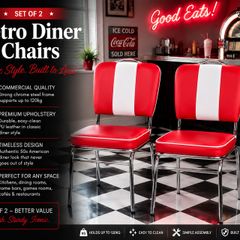 Set of 2 Retro American Diner Dining Chairs Red, Vintage Faux Leather Kitchen Chairs  Chrome Frame