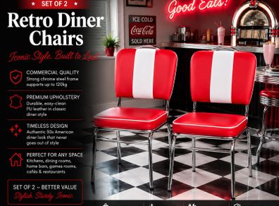Set of 2 Retro American Diner Dining Chairs Red, Vintage Faux Leather Kitchen Chairs  Chrome Frame