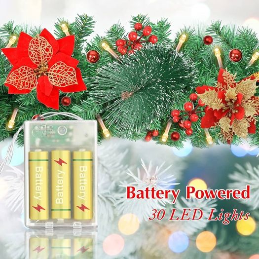 Pre-Lit Artificial Christmas Garland, Green, Warm Lights, Decorated with Red Flowers, Balls, Berries, Snowy Pine for Home Stairs Fireplace Front, Christmas Decorations, 9 Ft