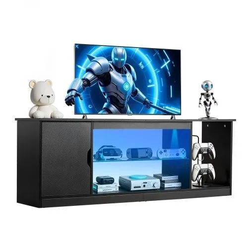 TV Stand for TVs up to 1651 mm, Modern Entertainment Center with Light Strip, Wooden TV Cabinet Storage with Glass Shelf and Adjustable Shelves, Console Table for Living Room and Bedroom, Black