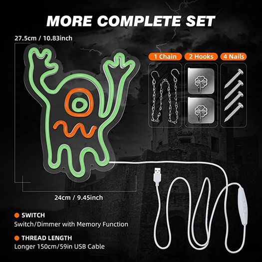 Dimmable Ghost Neon Sign, Haunted House Ghost Neon Light Acrylic Plate Powered by USB with Switch, 28x24cm LED Green Wall Light for Kid Bedroom Children Living Room Bar Party Decoration (FREE POSTAGE)