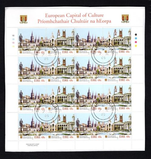 2005 Ireland European Capital of Culture Stamp Cork Sheetlet Plate 1B1B1B1B Fine Used with Dublin cancel of 7th March 2005 (First day of issue) on envelope extract.