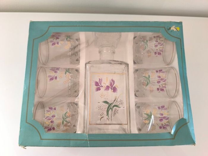 Vintage Italian A. Masserini 7 Piece Whisky Decanter Set  Floral Design Boxed