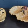 Delightful Two Sectioned Dish with the Texture of a Cabbage Leaves with a Leaf and Pear Decoration and Finial, By Crown Devon, Circa 1940, Funky MCM Chic Image 9