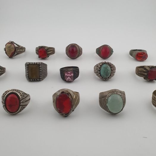 Lot of 15 Antique Tribal Style Brass Rings Mixed Stone & Colourful Glass