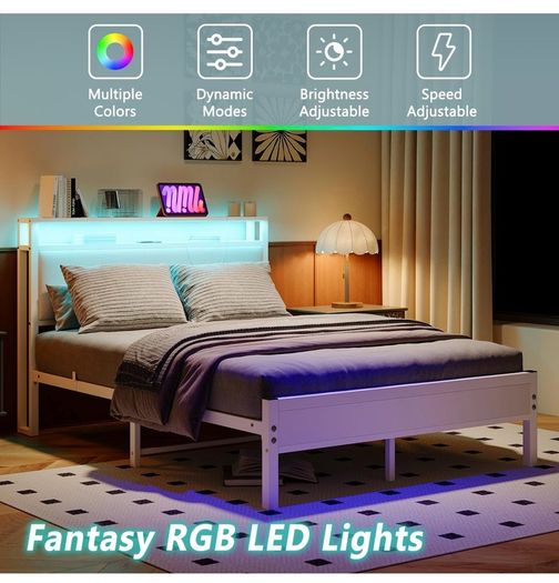 4FT6 Double Bed Frame with LED Lights and Charging Station, Heavy Duty Metal Platform Upholstered Bed frame with Storage Fabric Headboard,Metal Slats Support,Mattress Foundation (White)