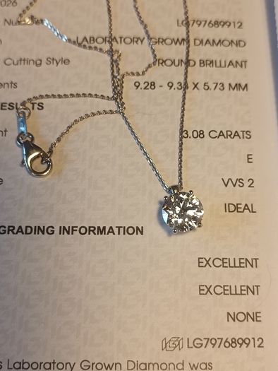 14ct White Gold 3ct Lab Diamond Solitaire Pendant and Chain.