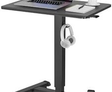 Mobile Standing Desk with 4 Rolling Castors, Height Adjustable Desk on Wheels, Portable Stand Up Desk, Over-Bed Table for Living Room