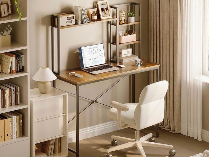 Small Desk 100 x 40 cm, Office Desk with Shelves, Vintage Brown Computer Desk with Multi-Tier Storage Bookshelf, Study Desk for Working, Writing, Makeup, Easy Assembly, for Small Spaces