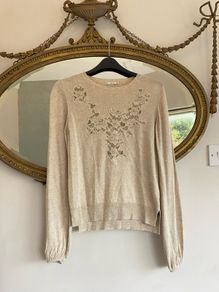 Zara Knit Applique Beige Jumper Lace Floral Pattern Size M Medium Linen Mix Top
