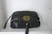 Mischa Barton Black Soft Faux Croc Clutch Evening Bag With Copper tone Hardware &amp; Wristlet. Size Medium. In Super Condition.