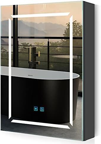 Black LED Bathroom Mirror Cabinet with Light and Shaver Socket Illuminated Bathroom Cabinet with Mirror 3 Color Changing,Removeable Shelf,Built-in Defogger 500x700 mm Aluminium