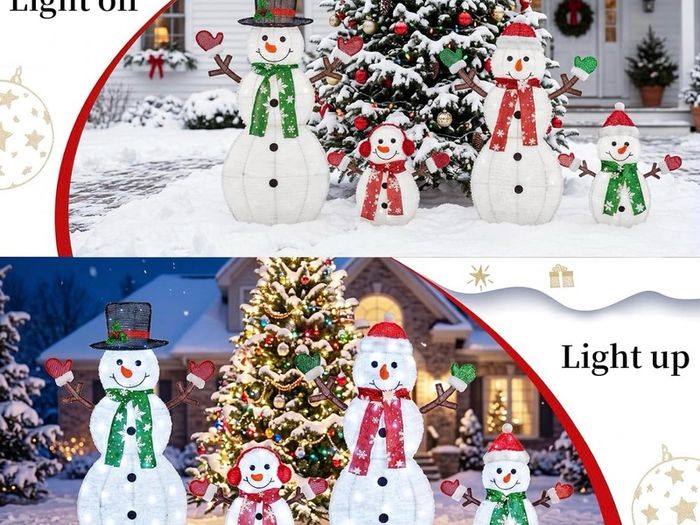 48 in 4-Piece 2D Lighted Snowman Family Outdoor Christmas Decorations, 100 LED Yard Display with Stakes and Zip Ties for Lawn, Porch, Garden and Indoor Holiday Decor
