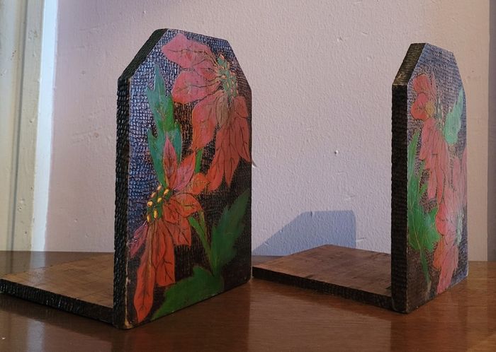 Antique pokerwork poinsettia bookends