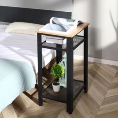 Industrial-Style Boxy Side Table 3 Layer 2 Shelves Storage Display w/ Metal Frame Stylish On-Trend Bedside End Table Nightstand, Accent Furniture Living Room Bedroom Lounge (FREE SHIPPING)