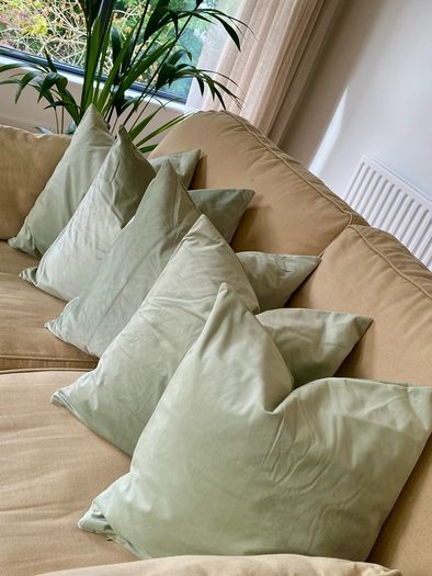 Sage green velvet cushions