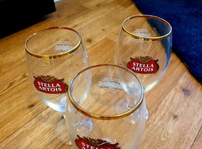 Stella Artois Chalice Pint Glasses - Gold Rim - Set of 3