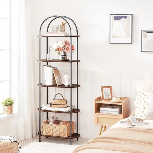 5-Tier Bookshelf, Bookcase with Metal Frame, Floor Standing Book Shelf, Arched Storage Shelf for Living Room, Office, 43 x 30 x 176 cm, Rustic Brown and Black