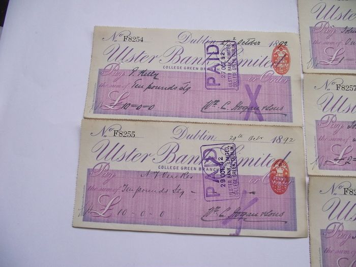 5 Vintage Cheques from Ulster Bank with Consecutive numbers (1892)