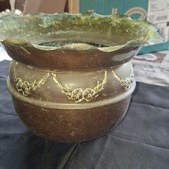 Antique Copper Jardiniere Planter, likely dating from around 1880s to 1920s. It features a distinctive scalloped, or frilled, edge rim. The body is adorned with embossed floral and swag designs.