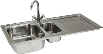 Stainless Steel Kitchen Sink Basin & Victoria Tap, Reversible, 105cm x 18cm x 50cm