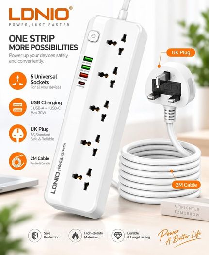 LDNIO SC5415 Surge Fast charging Power Strip with 5 Ac Outlets & 4USB Charging Ports 2m Extension PD power Soket - White