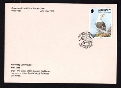 1994 Alderney 24p Definitive (The Great Black-backed Gull Larus Maninus  Post Office Stamp-Card used with same stamp tied by first day cover cancel